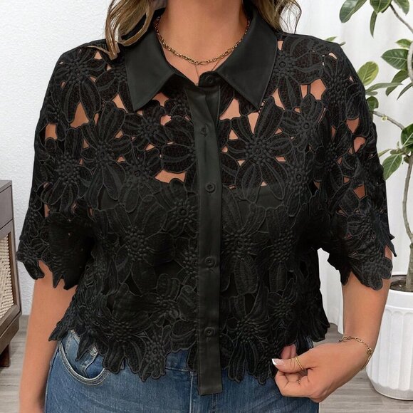 Tops - Black Casual Womens Plus Size Front Button Hollow Minimalist Short Sleeve Blouse